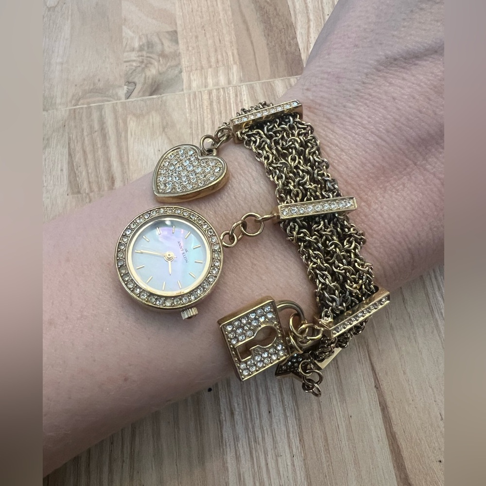 Anne Klein Gold Tone & Rhinestones Charm Bracelet bling watch NEW BATTERY - Picture 2 of 14